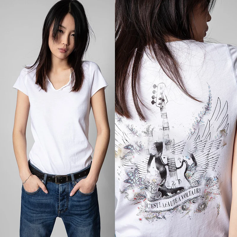 

The New Summer French Now Back Guitar Lettering Gilded Print V-neck White Cotton Women's T-shirt