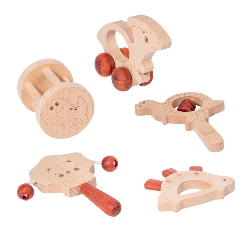 

Handbell Rattle Teether Wooden Music Rattle Baby Education Teething Gift 5pcs