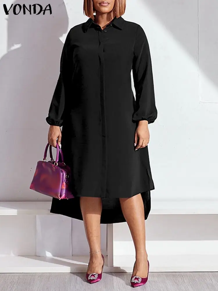 

Элегантное женское платье-рубашка VONDA, Осеннее повседневное однотонное платье 2023, Асимметричный Сарафан средней длины с длинным рукавом-фонариком и отворотом, свободное платье