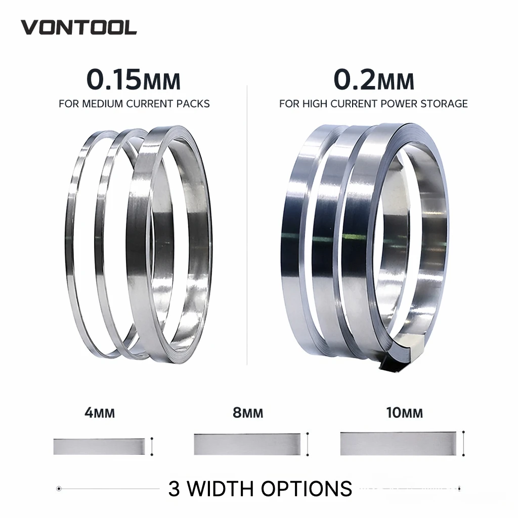 Фото Никелевая лента VONTOOL 0.15мм 0.2мм для точечной сварки аккумуляторов, ширина 4/8/10мм, 10 рулонов, для литиевых аккумуляторов 18650 21700 32650, для самостоятельной сборки аккумуляторных блоков №2