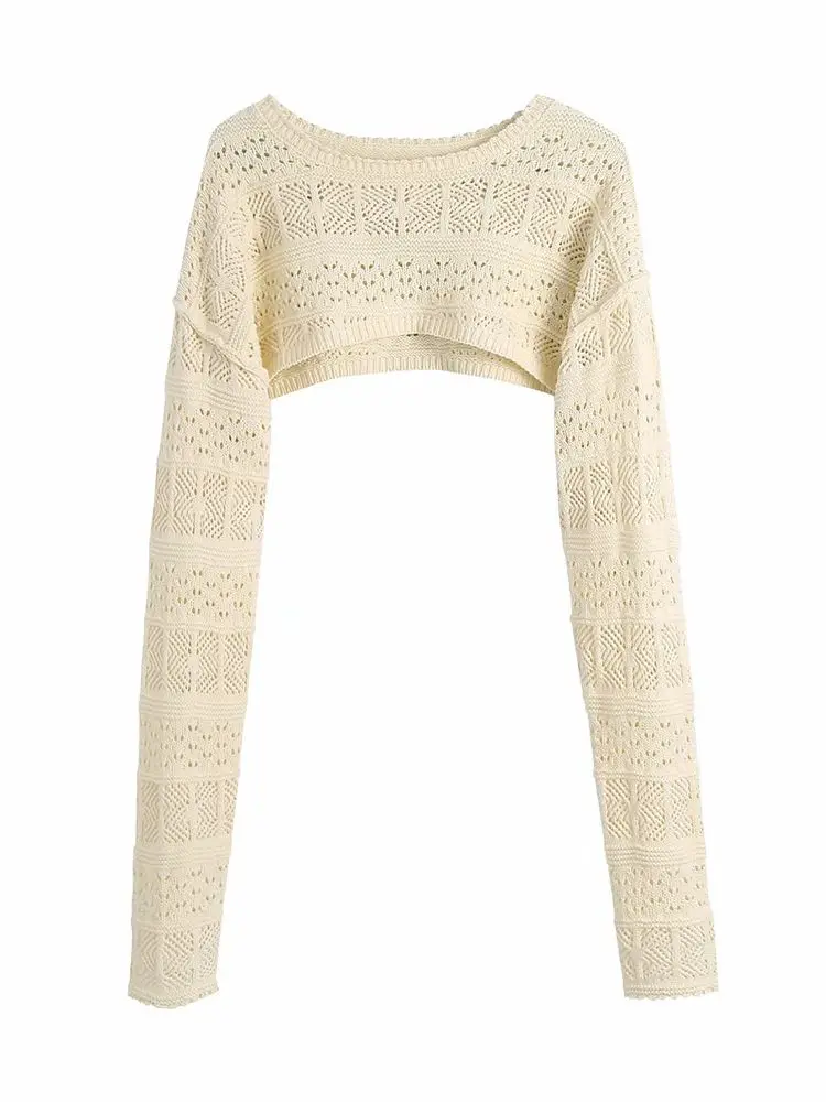 

Женский вязаный джемпер с перфорацией, укороченный пуловер с длинным рукавом и отверстиями, весна-лето 2021