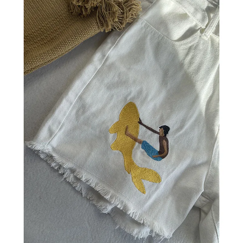 Women Embroidered Vintage High Waist White Short 2023 Summer Vacation Beach Wear