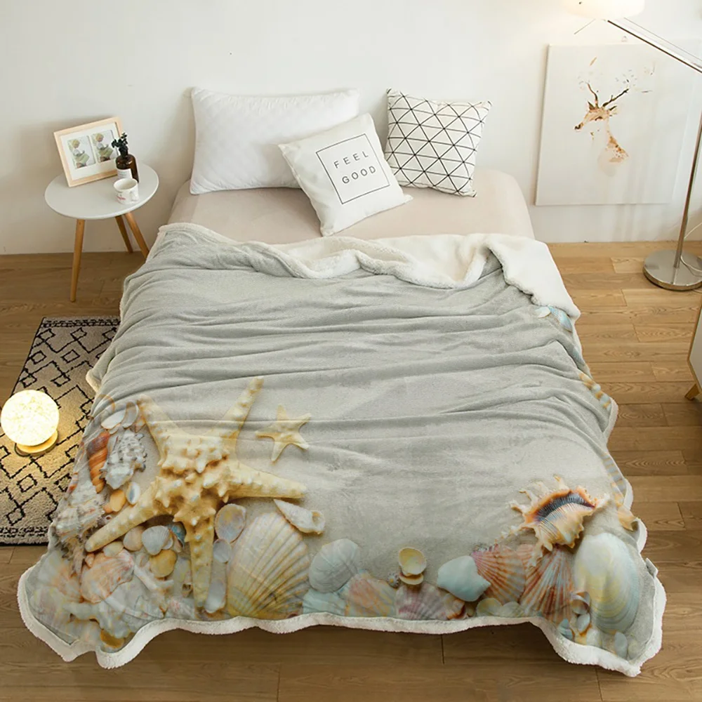 

Beach Sand Waves Starfish Shell Conch Lamb Cashmere Fleece Blanket Home Bed Sofa Winter Sherpa Bedding Kids Thick Bedspread