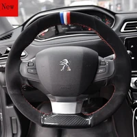 diy hand stitched leather suede carbon fibre car steering wheel cover for peugeot 408 4008 5008 2008 301 307 308 accessories