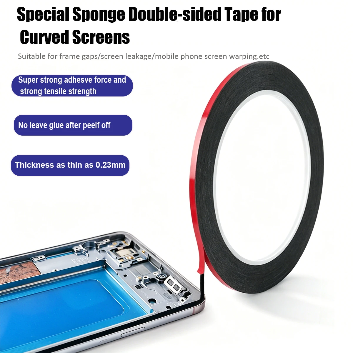 0.23mm Thin Double Sided Mobile Phone Foam Sponge Tape Curved Screen Adhesive LCD Frame Back Cover R