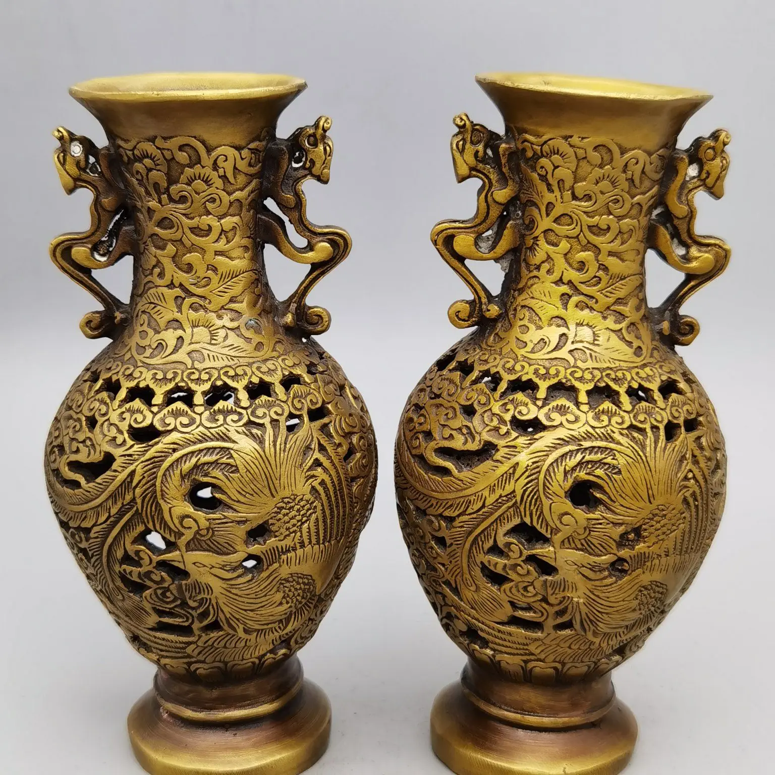 

Collect Elaborate Brass Statue Luck “ Dragon And Phoenix ”Flower Vase Metal Crafts Home Decoration