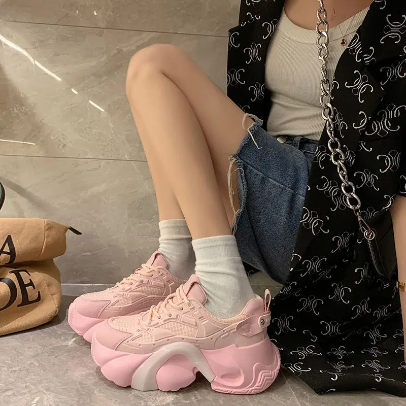 Thick Bottom Ins Breathable Clunky Sneakers Women's 2023 Spring and Summer New Genuine Leather Show Feet Small Casual Shoes