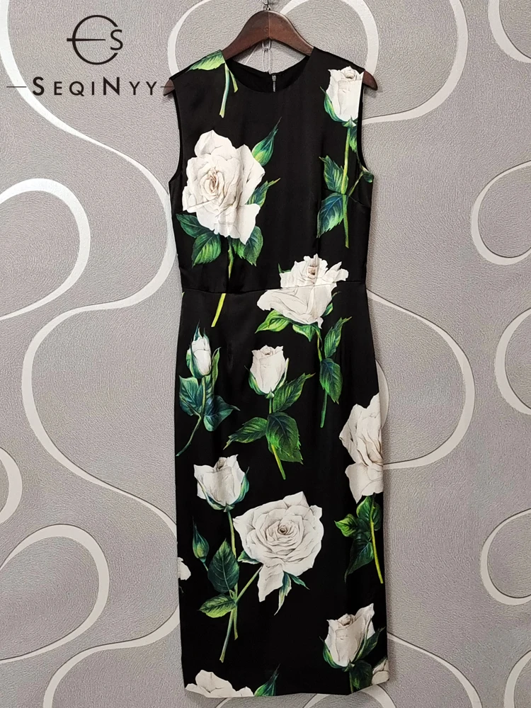 

SEQINYY 100% Silk Dress Summer Spring New Fashion Design Women Runway High Quality White Flowers Print Slim Elegant Midi