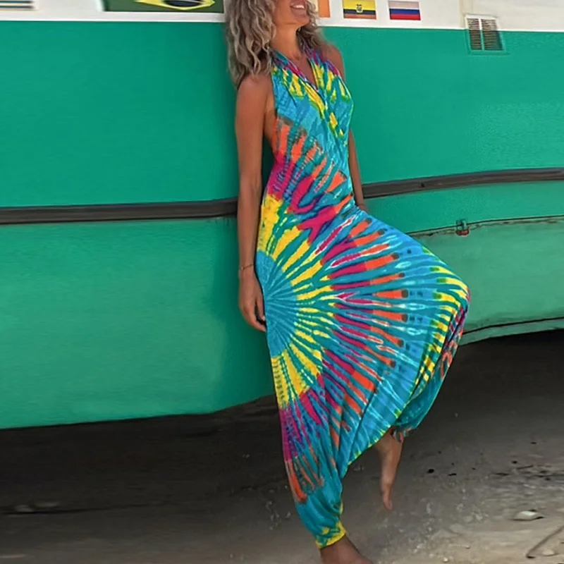 

New Spring Summer Pattern Print Women Jumpsuit Sexy Hatler Big Backless Hollow Romper Vintage Loose Harem Pants Playsuit Overall