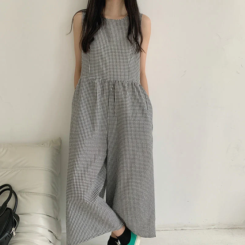 

Outfits Overalls Women Kawaii 2022 New Cotton Linen Round Neck Sleeveless Vest Jumpsuit Lazy Style Casual Loose Wide Leg Pants