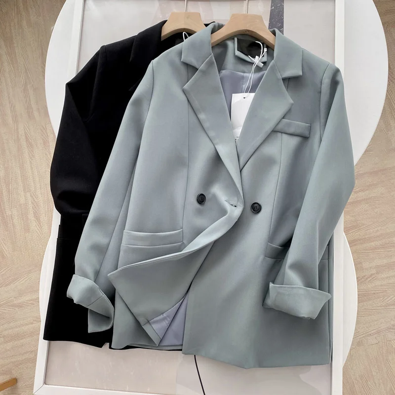 

Women Clothes Loose Casual Notched Collar Blazer Jacket 2022 Spring Autumn New Korean Double Breasted Office Ladies Suit Coat