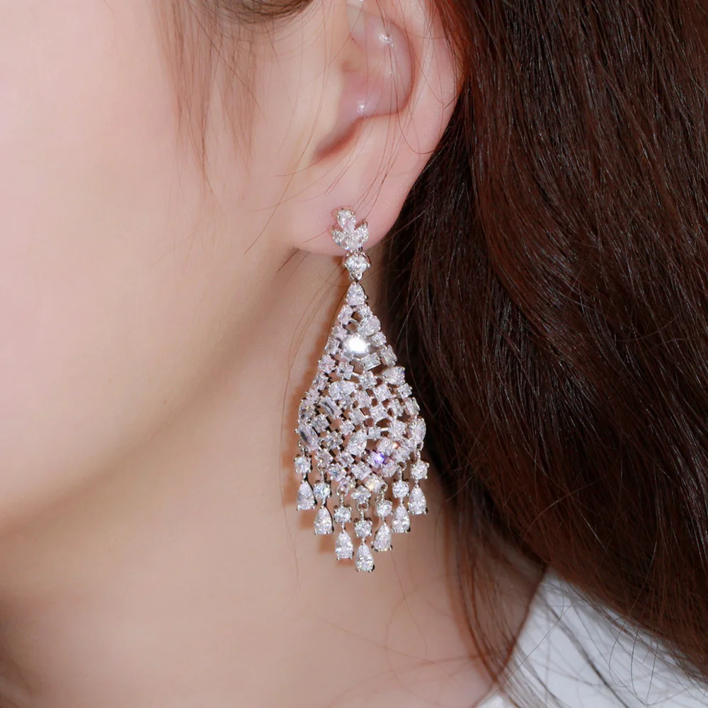 

ThreeGraces Fashionable Shiny Cubic Zirconia Silver Color Long Big Bridal Wedding Engagement Earrings for Women Jewelry E1452