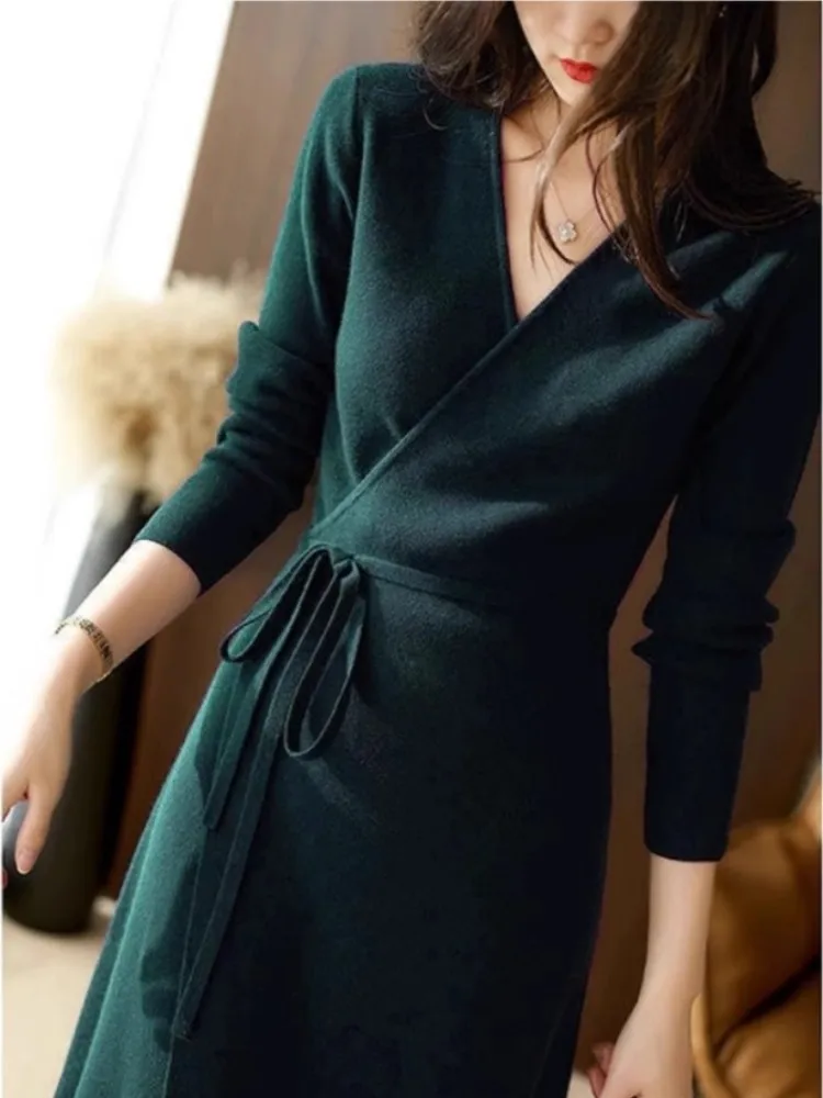 Вязаное платье в стиле ретро с v-образным вырезом для женщин осень/зима