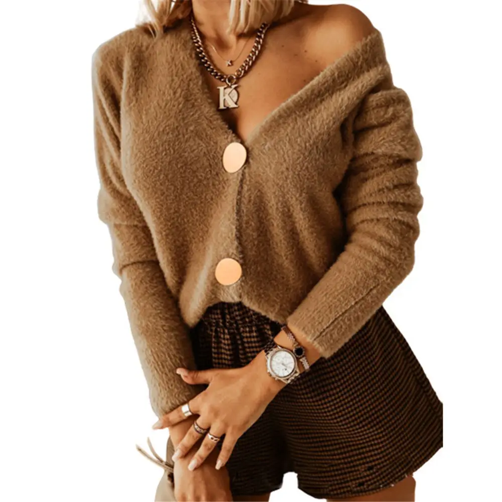 

2022 Fall Women Fleece Sweater Sexy V-neck Crop Top Fuzzy Cardigan Girls Winter Warm Streetwear