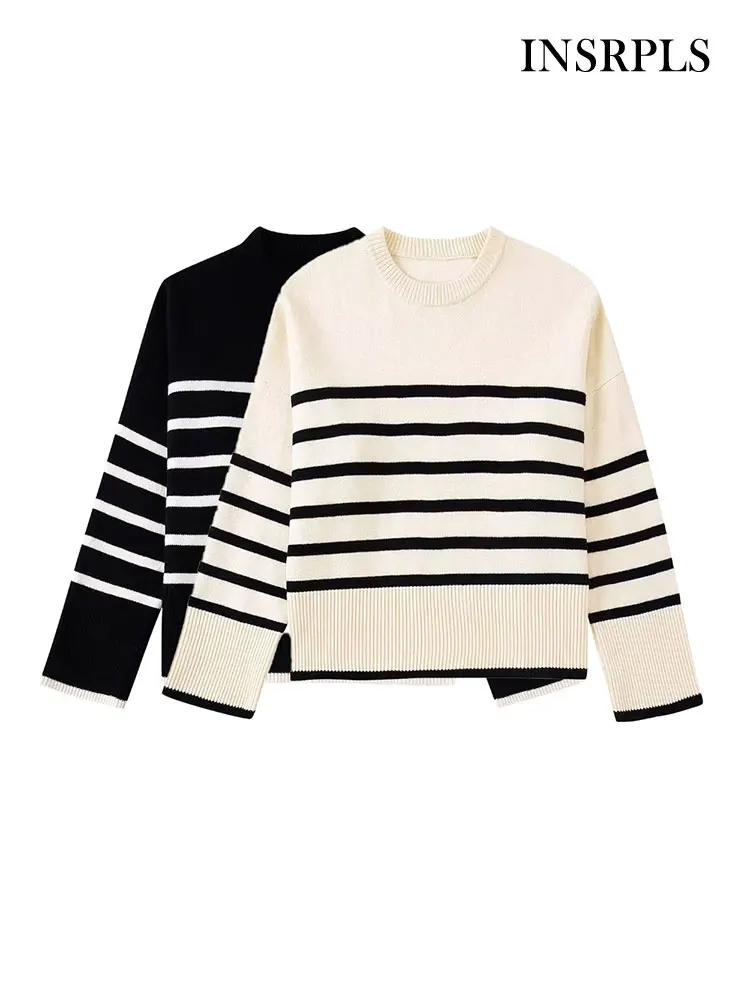 

INSRPLS женский модный Свободный Полосатый Вязаный Свитер винтажный с круглым вырезом с длинным рукавом женские пуловеры шикарные топы