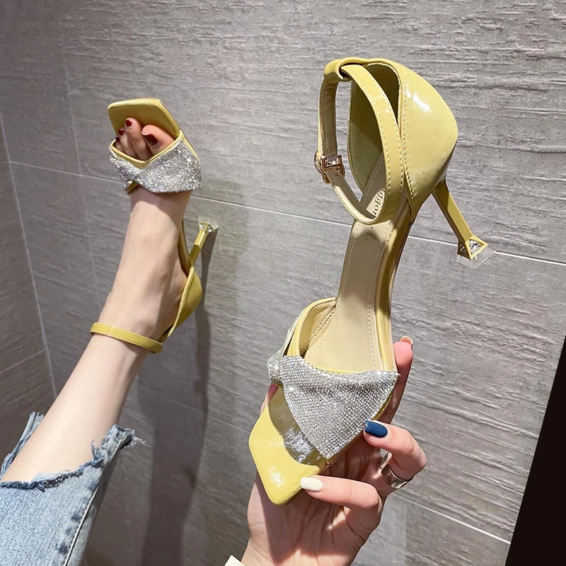 

Rhinestone Open Toe Sandals Women Summer 2022 New Fashion Designer Buckle Strap Stiletto High Heels DRESS Women's Shoes Leather