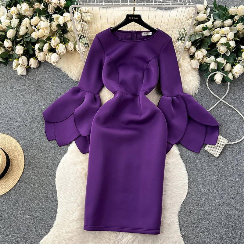 

Korean Purple Bodycon Dress Spring Autumn Women Round Neck Ruffles High Waist Mid-length Elegant Evening Party Dresses Vestidos
