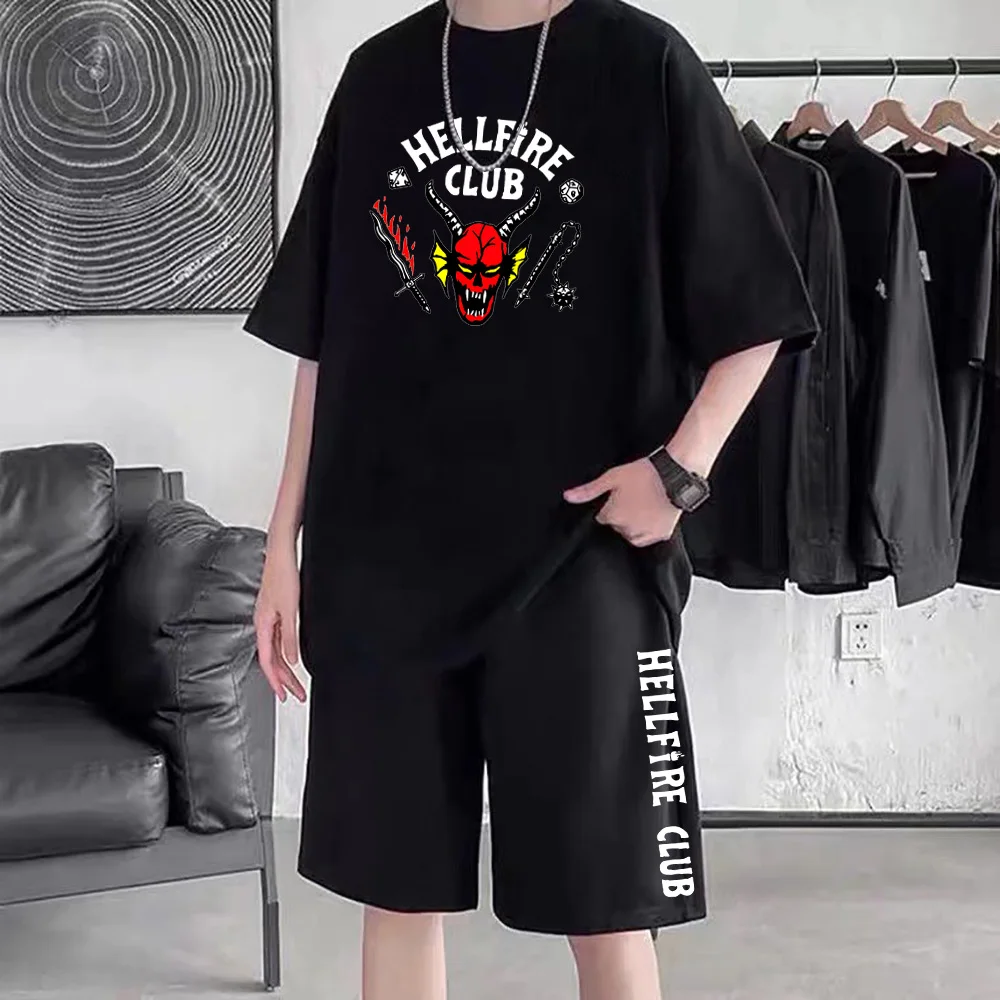 

Hellfire Club Short Sleeve Suit Harajuku White Suit Large Size Y2k Short Sleeve Set Pure Colour Suit Black Five-point Pants