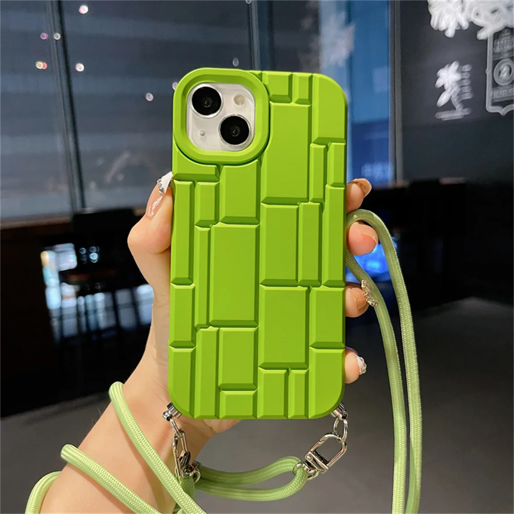 

Luxury Green Maze Lattice Crossbody Lanyard Strap Soft Phone Case for iPhone 11 12 13 14 Pro Max X XS XR Shockproof Back Cover