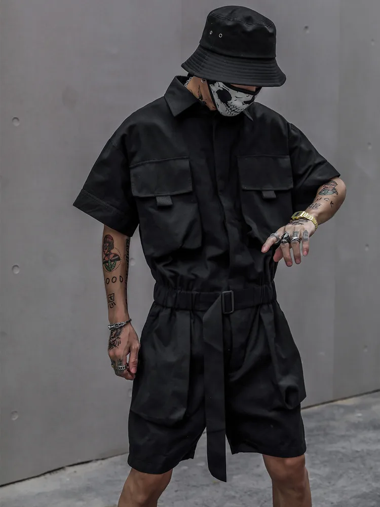 Short Jumpsuit for Men Black Bodysuits Overalls Men Green Male Japanese Streetwear Summer Pockets Hip Hop Men Clothes Ropa