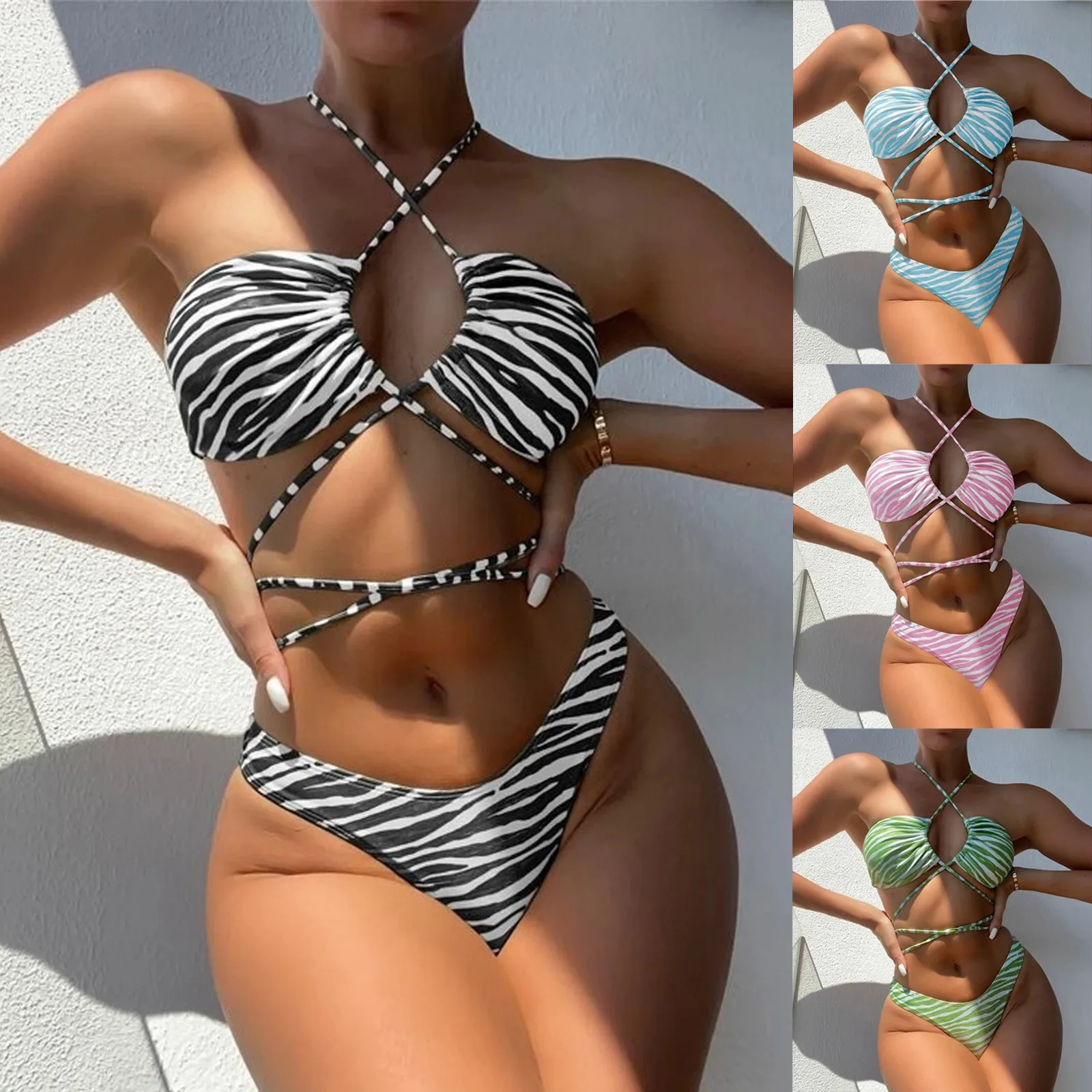 

Women Sexy Bandage Stripe Print Swimsuit 2 Piece Bathing Suit Retro Hawaii Print Bikini Set Female Women Beachwear Swimwear