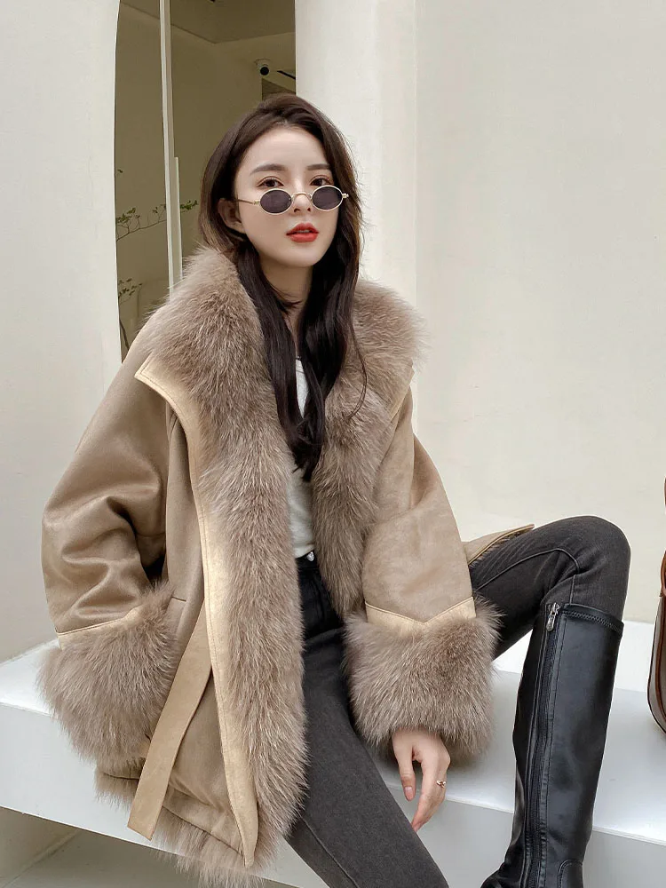 

Autumn Winter vintage Thick Warm genuine sheepskin leather coats New Fashion fox fur Collar real fur jackets DQ01