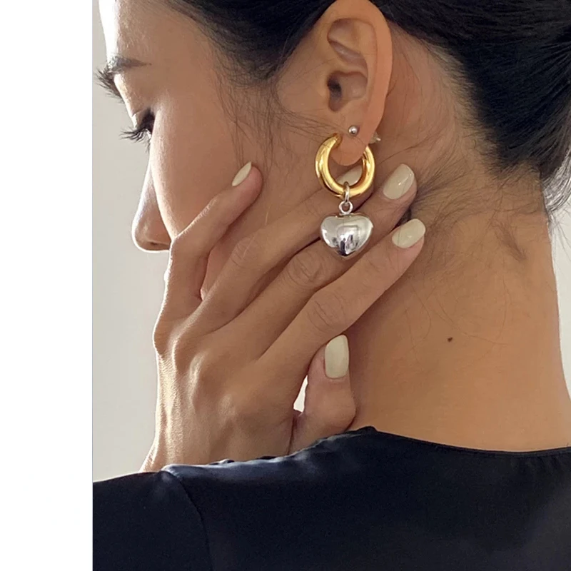 

Statement Minimalist Gold/Silver Color Mixed Solid Heart Pendant Hoop Earrings Street Style Fashion Jewelry