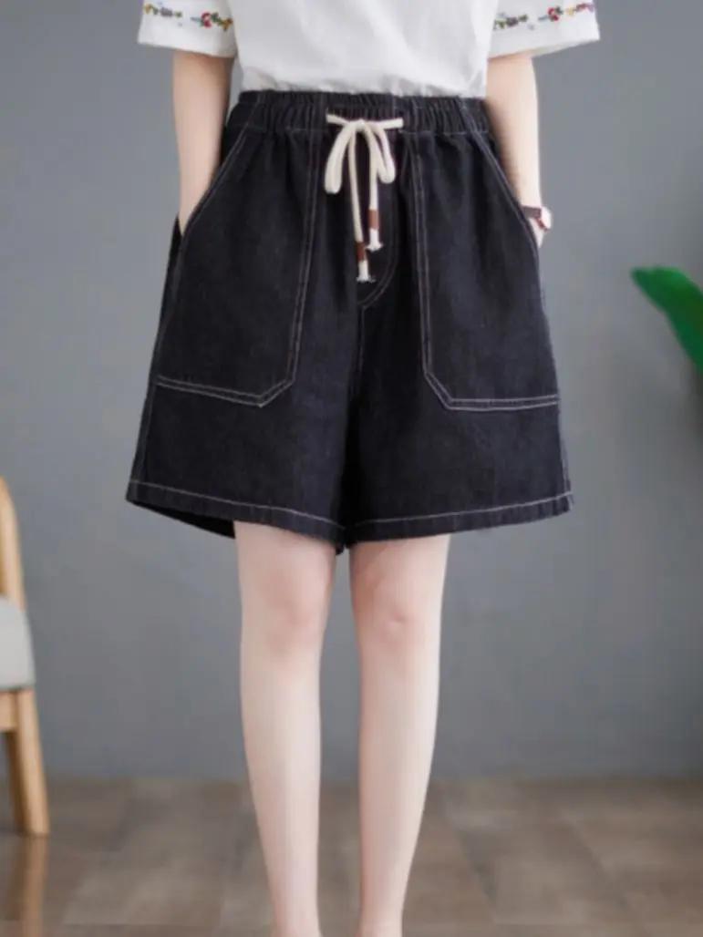 

Шорты женские джинсовые в стиле ретро, Модные свободные облегающие повседневные трапециевидные брюки с завышенной талией, широкие прямые штаны с кулиской, в стиле панк, на лето