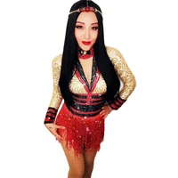 long sleeve women sparkly diamonds dress red shining tassel dress nightclub singer dancer wear stage performance costumes