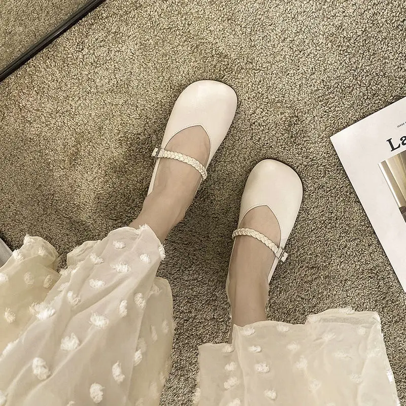 Designer Braid Sqaure Toe Mary Janes Shoes for Women Shallow V neck Mouth Ballearia Flats Soft Footwear Mom Leather Mocasins