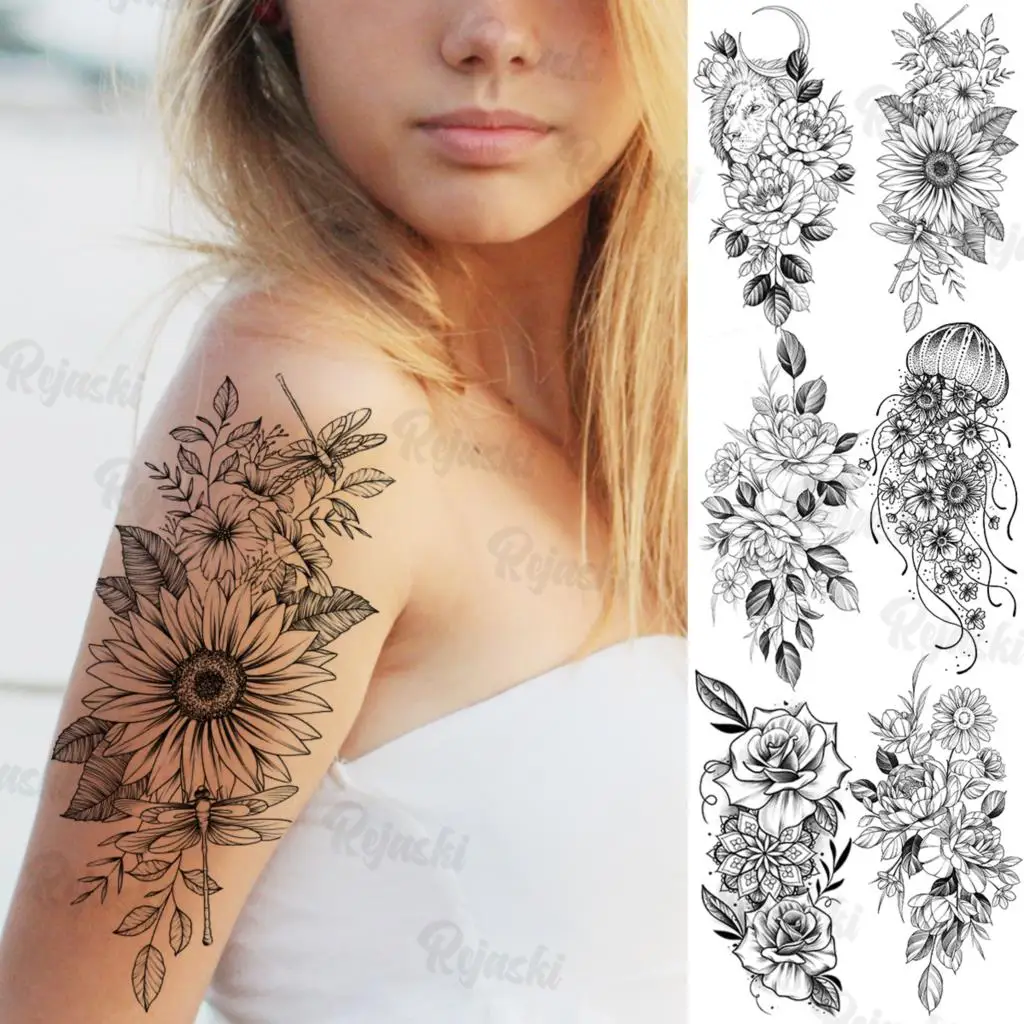 

Большой Подсолнух Временные татуировки для женщин взрослые реалистичные Лев Луна Медуза Флора искусственная фотография тела татуировки