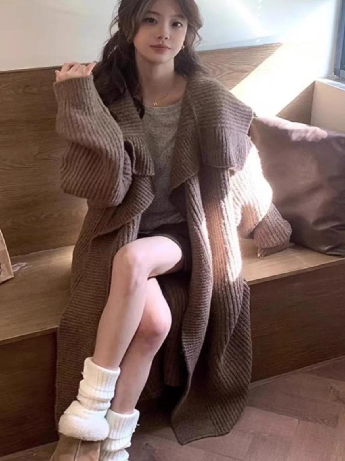 Вязаный кардиган простое Sle с большими лацканами женский осенне-зимний длинный