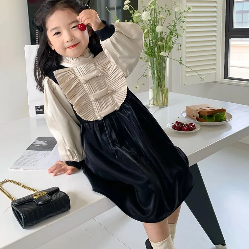 

4-14T Girl Velvet Dress Elegant Ruffles Spring Autumn Birthday Princess Velour Black Dresses Kids Children Baby Vestidos Clothes