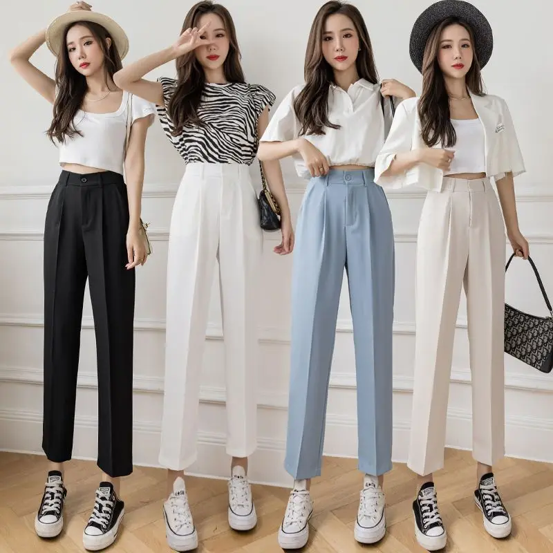 Solid Color Chiffom Casual Pants Women Spring Ankle-length Straight Office Ladies Elegant Fashion Drape All-match Female ChicA44