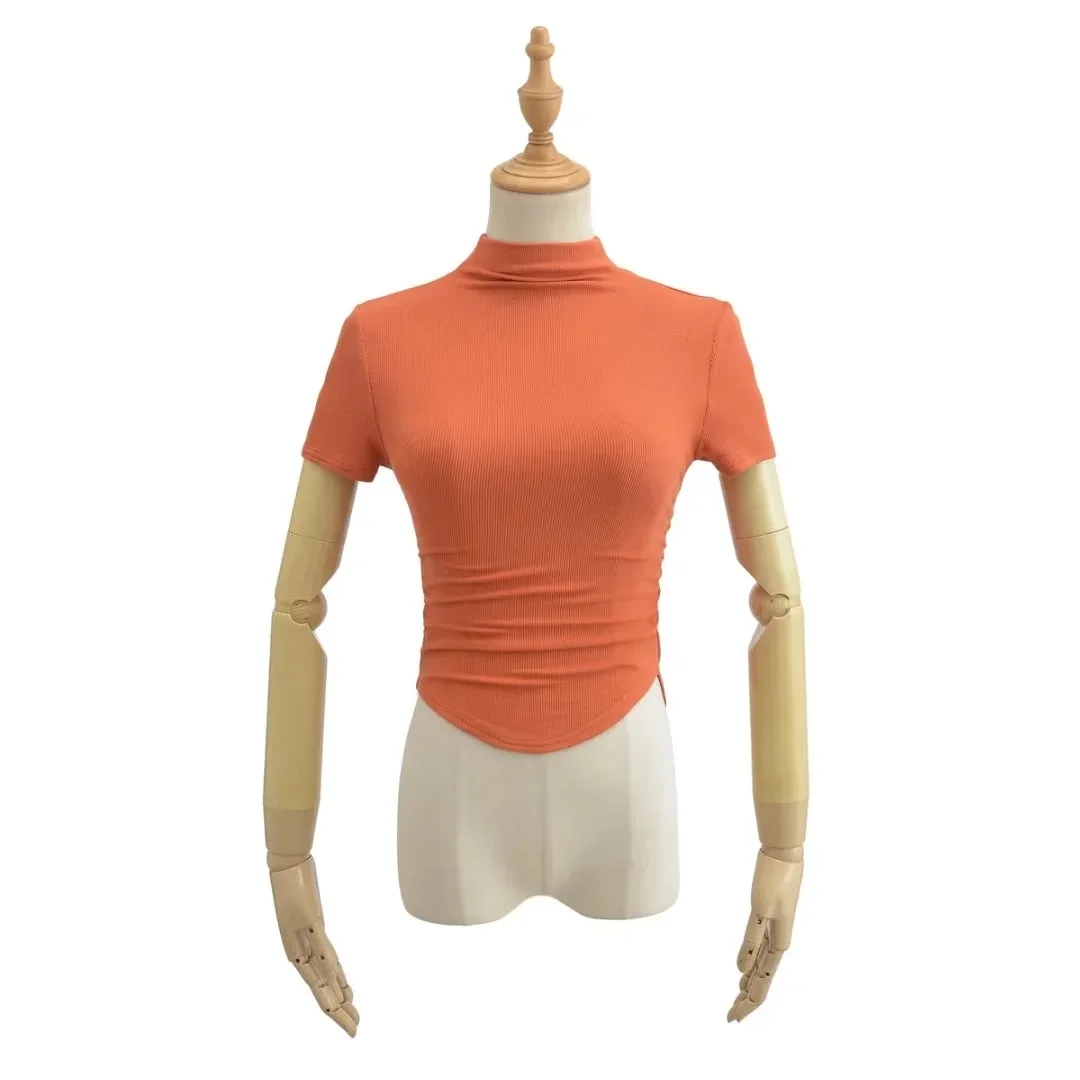 

Top high neck casual summer solid color short sleeves gray