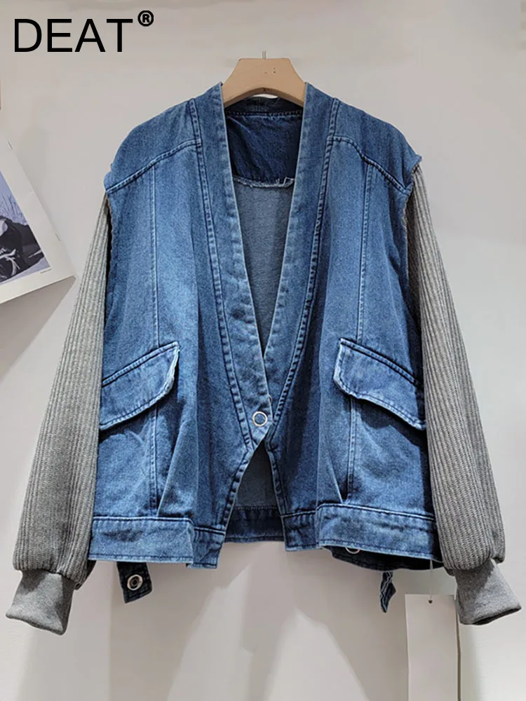 

DEAT Women's Knitting Cardigan Patchwork Denim Single Button V-neck Loose Long Sleeve Jackets 2023 Autumn New Fashion 29L3646