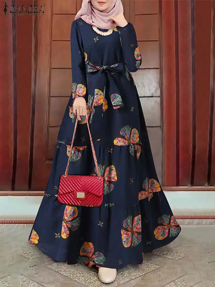 

Vintage Muslim Dress Women Printed Sundress ZANZEA Long Sleeve Turkey Abaya Hijab Vestidos Belted Female Islam Clothing Robe