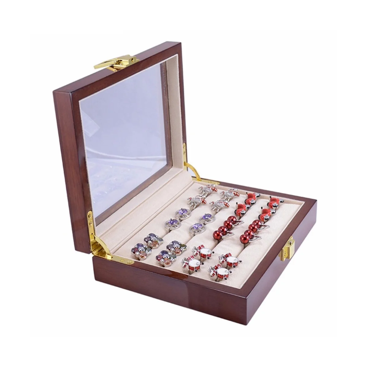 

Glass Box for Men Painted Wooden Collection Display Box Storage 12Pairs Capacity Rings Jewelry Box