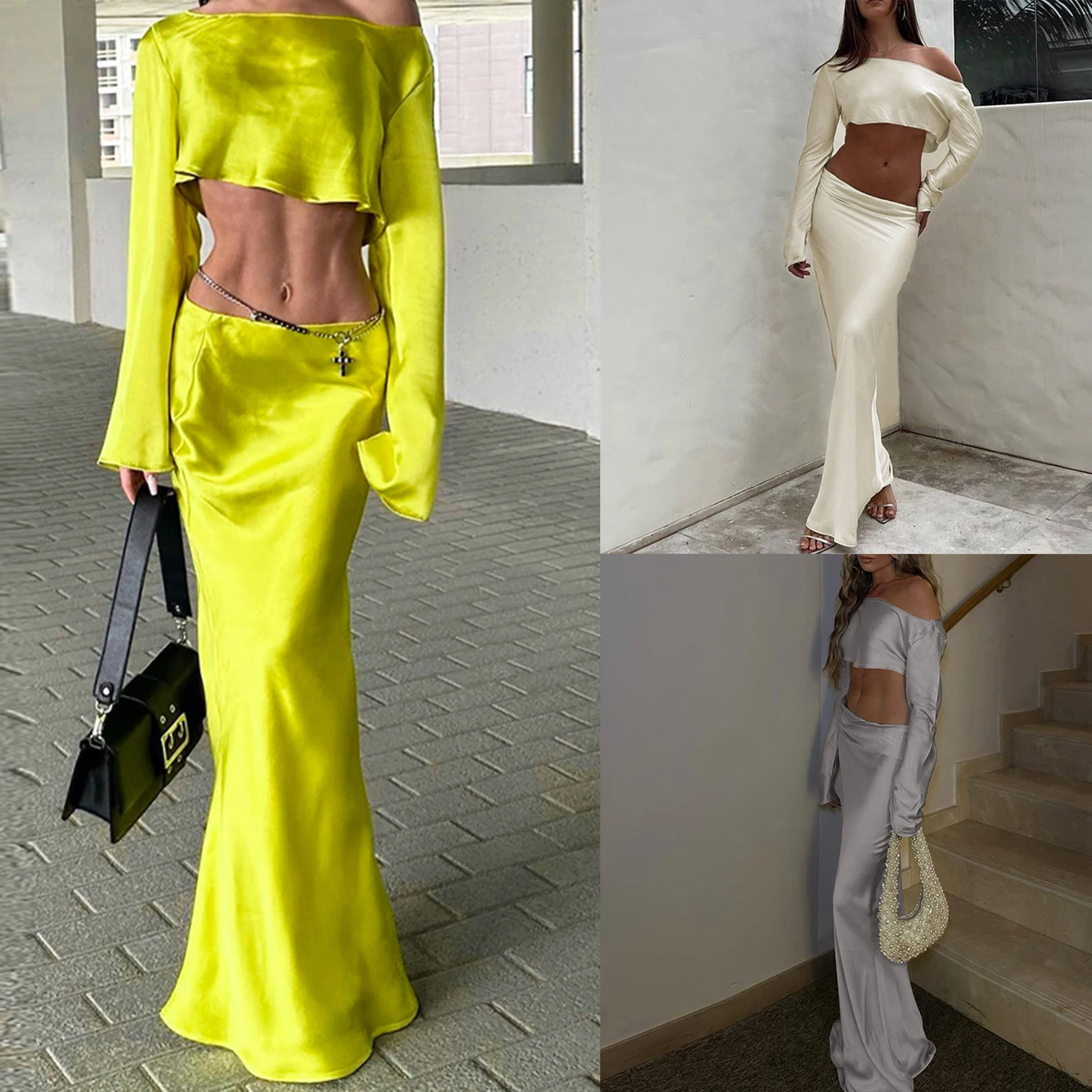 

Ladies Casual 2 Piece Skirt Set Y2K Asymmetrical Navel Exposed Top Long Skirts Solid Color Vintage Off Shoulder Daily Outfit