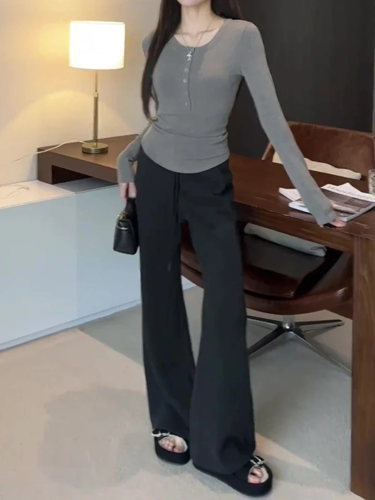 Plus Size Dark Gray Skinny Casual Pants Women Autumn and Winter 2024 New Drawstring Sweatpants High Waist Slim fit Slimming ...