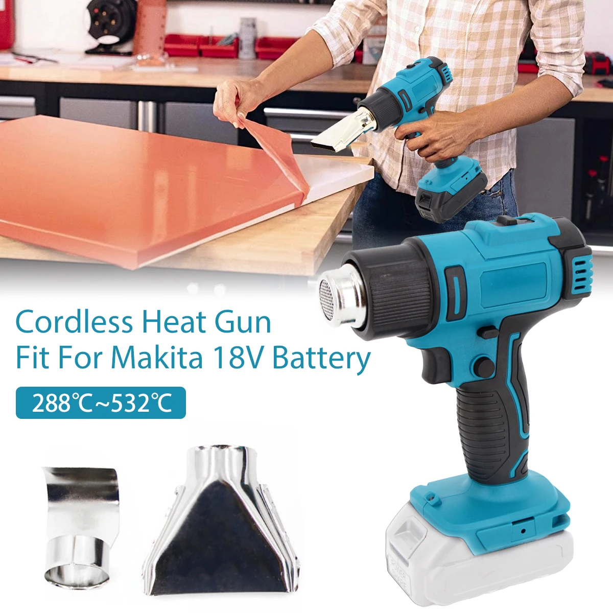 

Беспроводной воздушный обогреватель 1200 Вт, профессиональный электрический воздушный обогреватель, 2 температурных контроля, от 288 до 532 ℃, обогреватель с 2 насадками