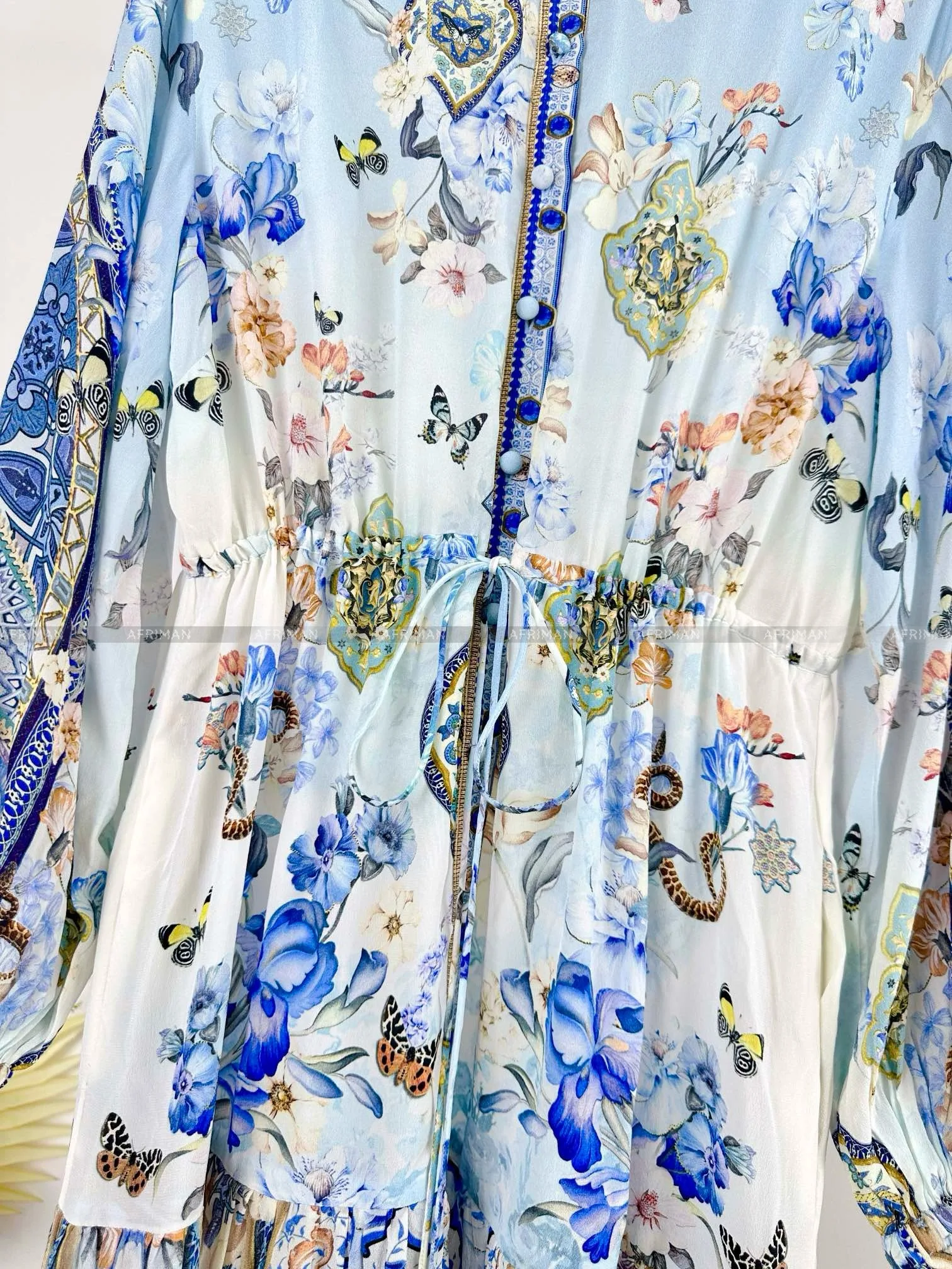 Женское однобортное платье-рубашка из 100% шелка с длинным рукавом и синим