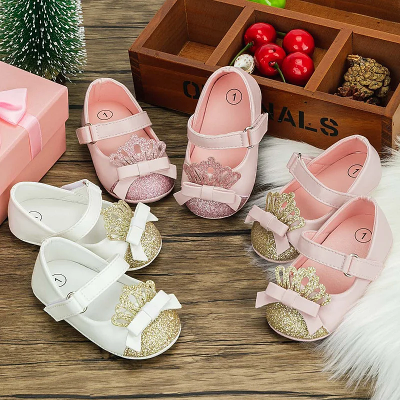 

Infant Toddler Girl Shoe Baby Girl Shoes Crown Bling Baby Pink Princess Shoes Anti-slip Flat Rubber Sole Newborns First Walkers