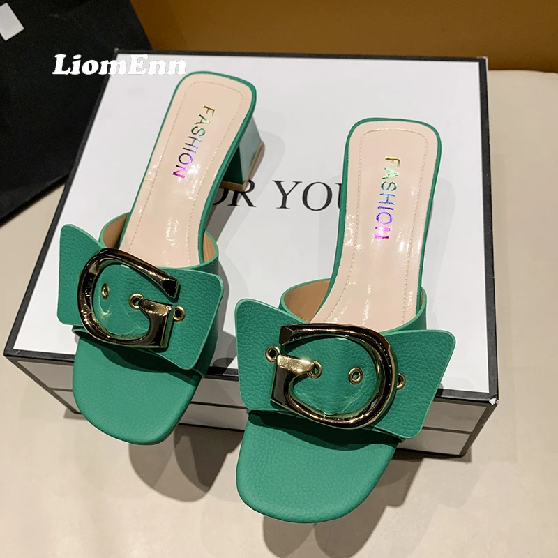 

Luxury Square Med Heels Slippers Women 2022 Trend Summer Sandals Women Slides Green Elegant Ladies Party Dress Shoes Size 35-41