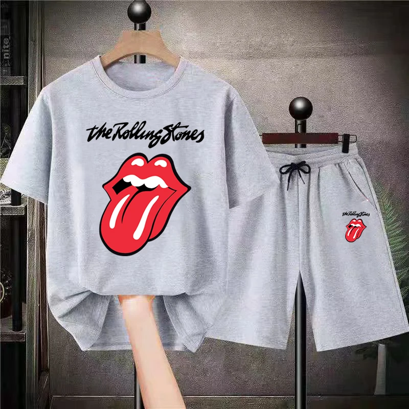 Amazing Tees Men's T-shirt+Shorts Plus Size Retro Rolling Stones Essential T-shirt Men's T-shirt Pattern Set S-4XL