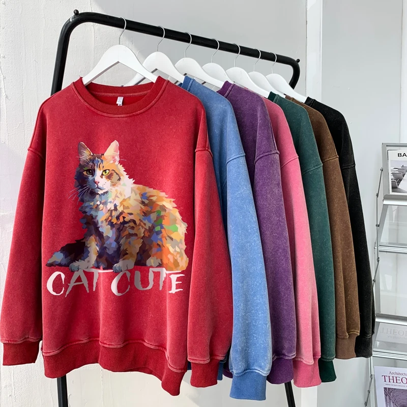 Priathinker American Washed Old Pullovers Sweater Women Loose Cat Graphic Printed Autumn/winter Warm O Neck Sweatshirts Unisex