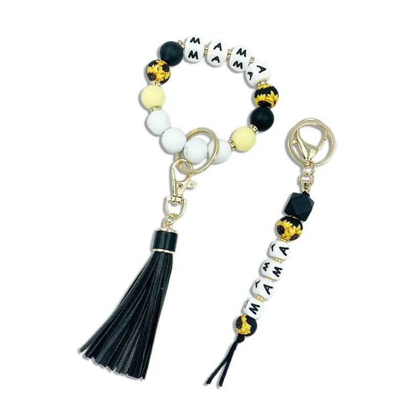 

ZG Bracelet Fashion MAMA Keychain Letter Silicone Beads Tassel Keychain Bag Stainless Steel Pendant 2022 New Mother's Day Gift