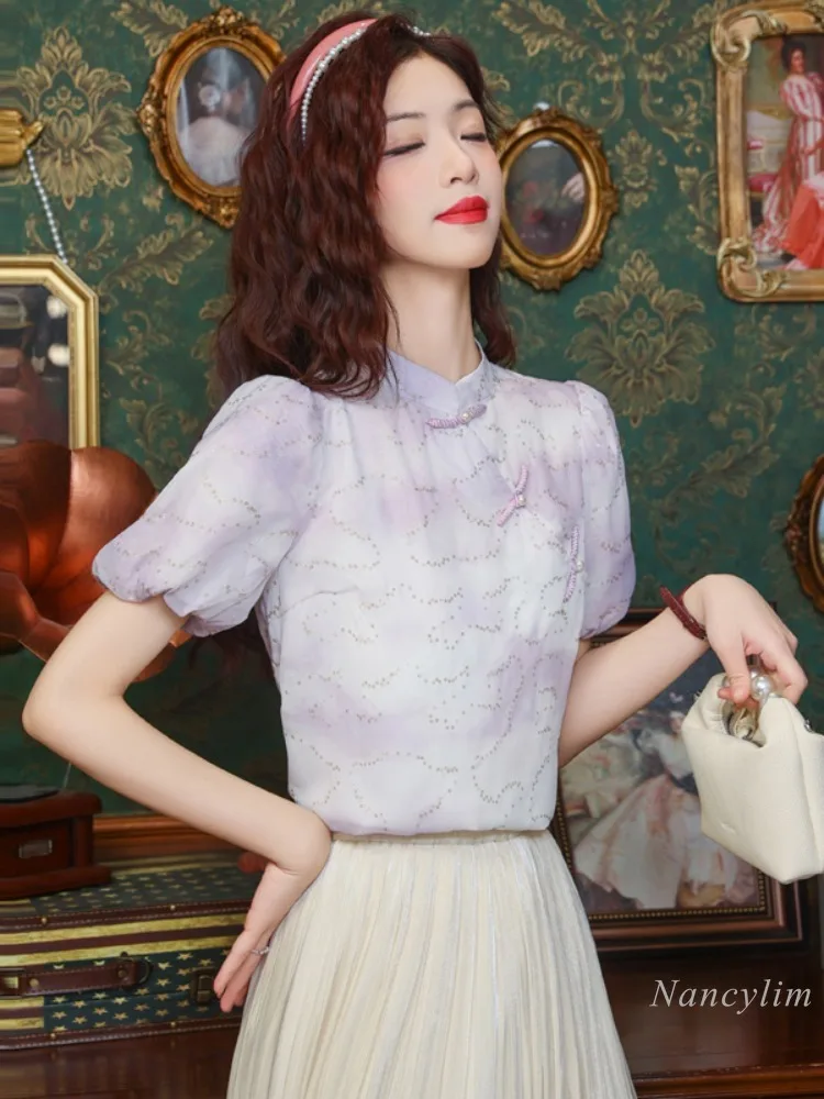 Новая шифоновая рубашка в китайском стиле с пуговицами-лягушками и коротким