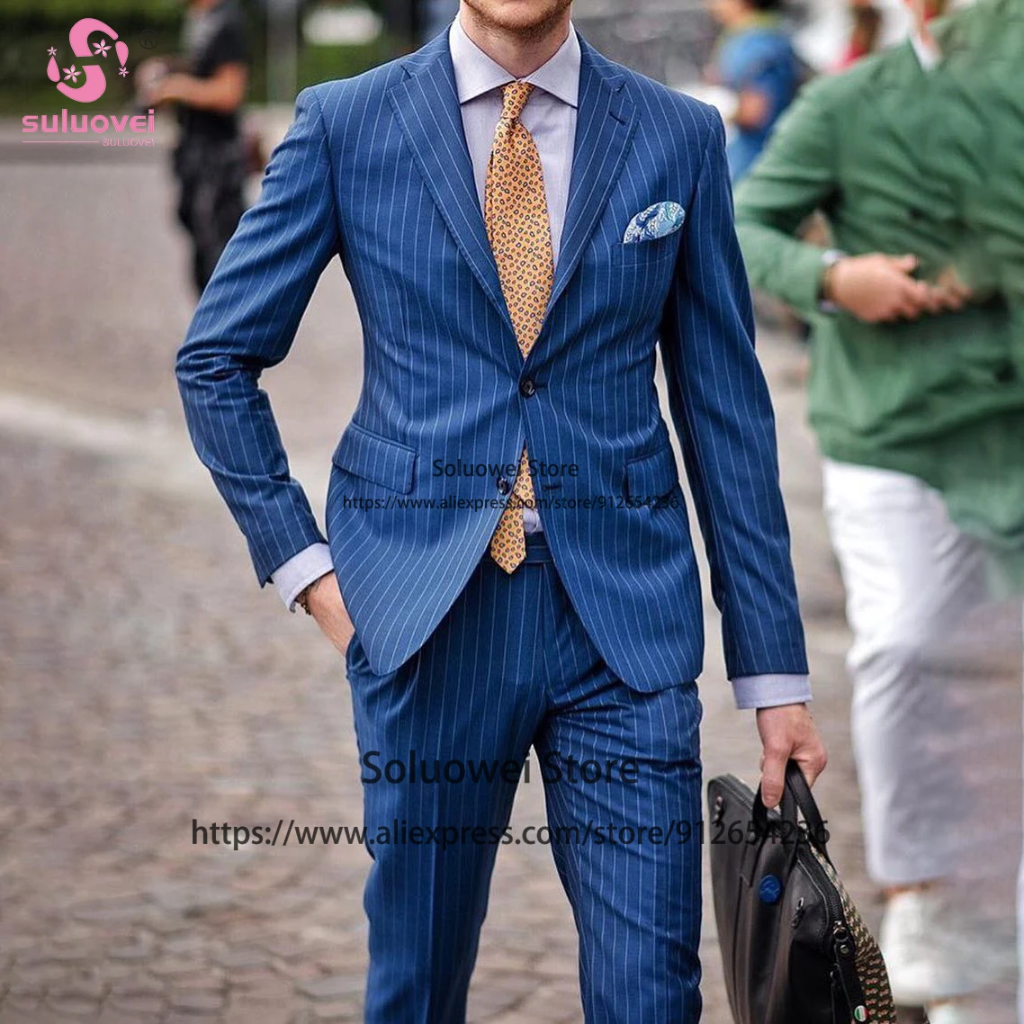 Fashion Blue Striped Suit For Men Slim Fit 2 Piece Jacket Pants Set Male Business Blazer Formal Groom Wedding Notch Lapel Tuxedo