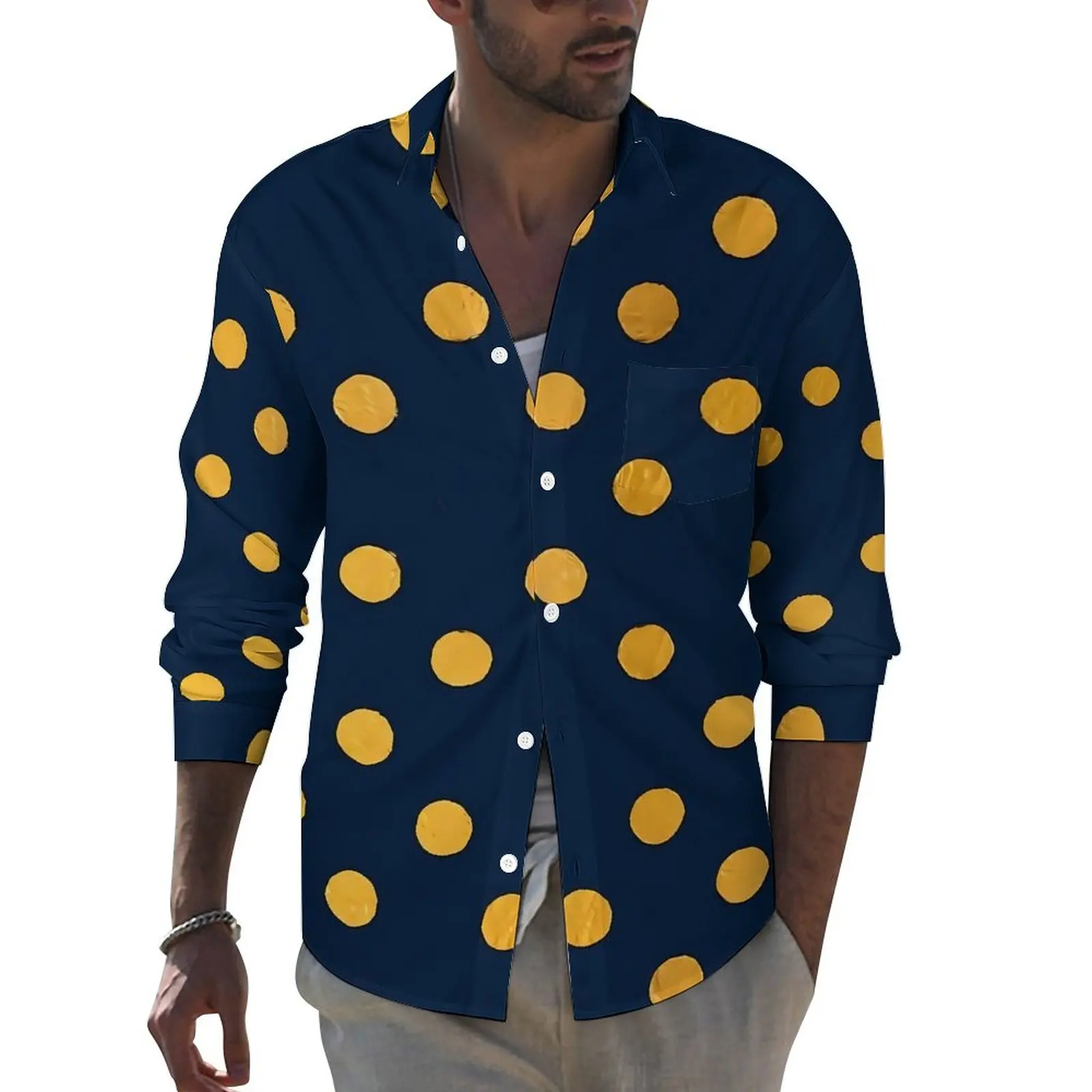 

Gold Dot Print Shirt Autumn Polka Dots Casual Shirts Man Trending Blouses Long Sleeve Design Streetwear Tops Large Size
